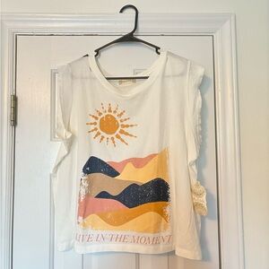 Altar’d State White Graphic Distressed Tank Top with Sun Mountain Design Size S